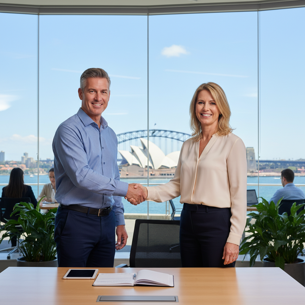 A photorealistic image of two adults shaking hands in a professional setting, such as an office or outdoor activity venue, symbolizing agreement and risk acknowledgment in Australia, with subtle Australian elements like a flag or landscape in the background, evoking trust and protection without showing any documents.