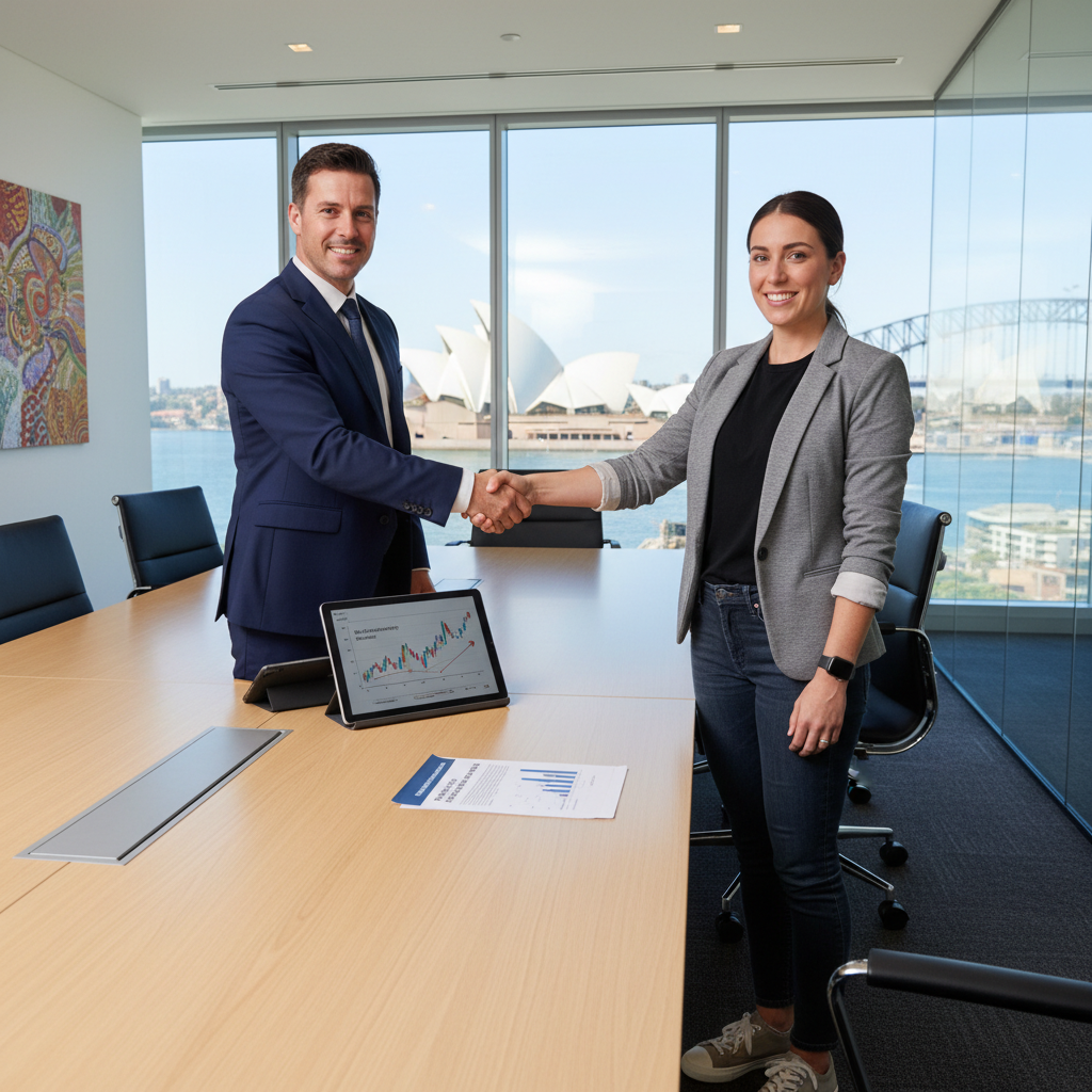 A photorealistic image of two adults shaking hands in a professional office setting in Australia, symbolizing agreement and liability release, with Australian landmarks subtly in the background, conveying trust and protection without showing any documents.