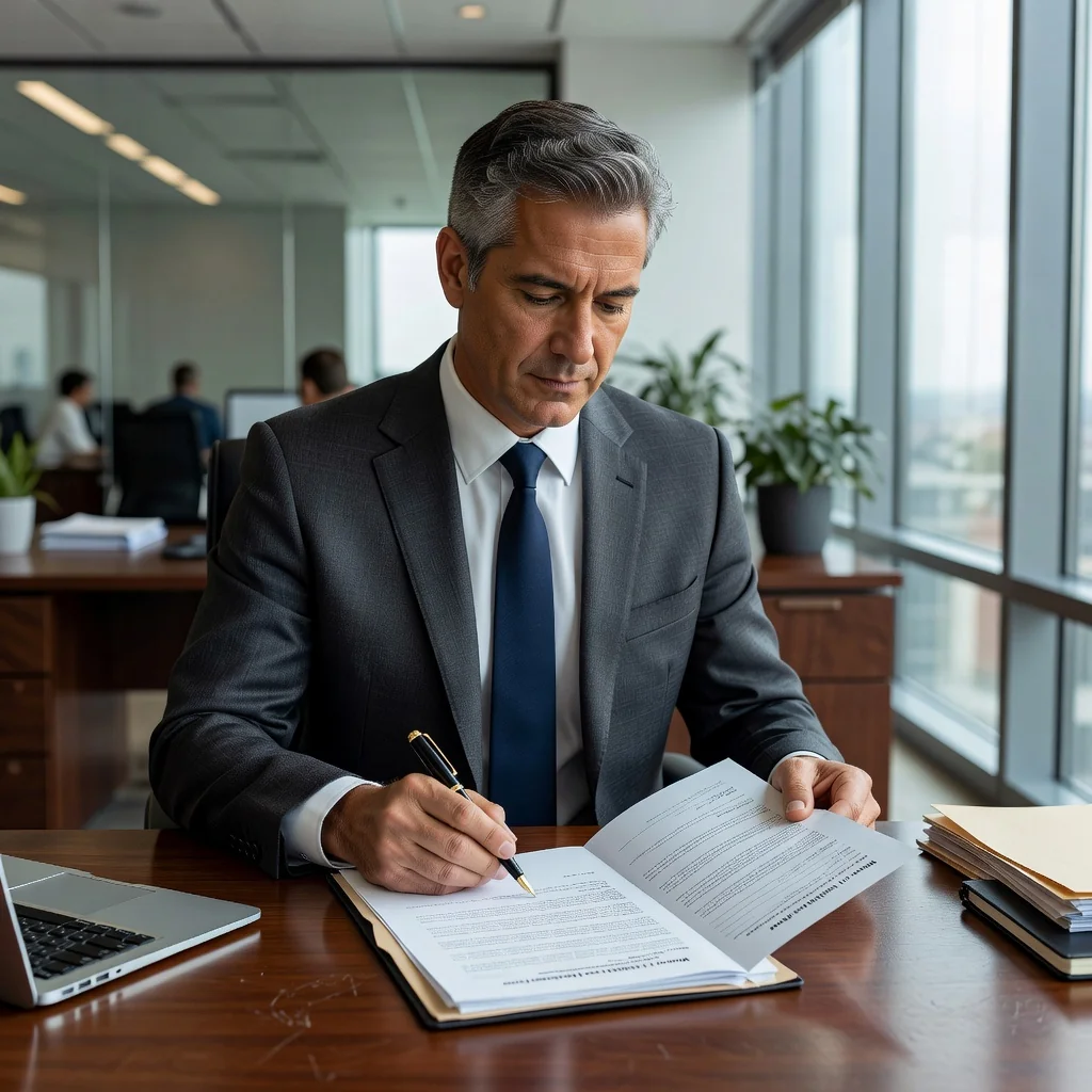 A photorealistic image depicting a professional adult signing a liability waiver form in a modern office setting, symbolizing the voluntary relinquishment of legal responsibilities, with a thoughtful expression on their face, no children present.