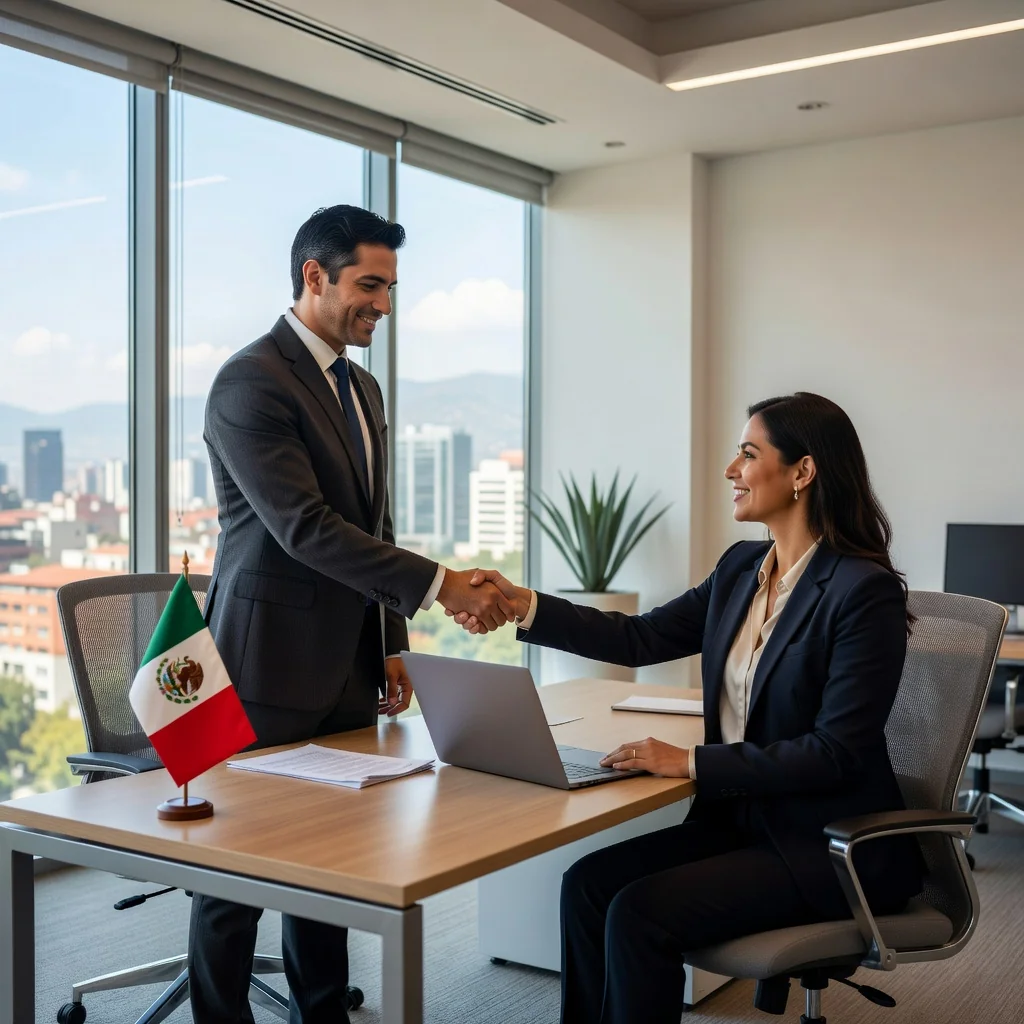 A photorealistic image of a professional adult employee in a modern Mexican office setting, shaking hands with a colleague across a desk, symbolizing the successful conclusion of an employment relationship, with subtle Mexican cultural elements like a flag or decor in the background, conveying relief and agreement.