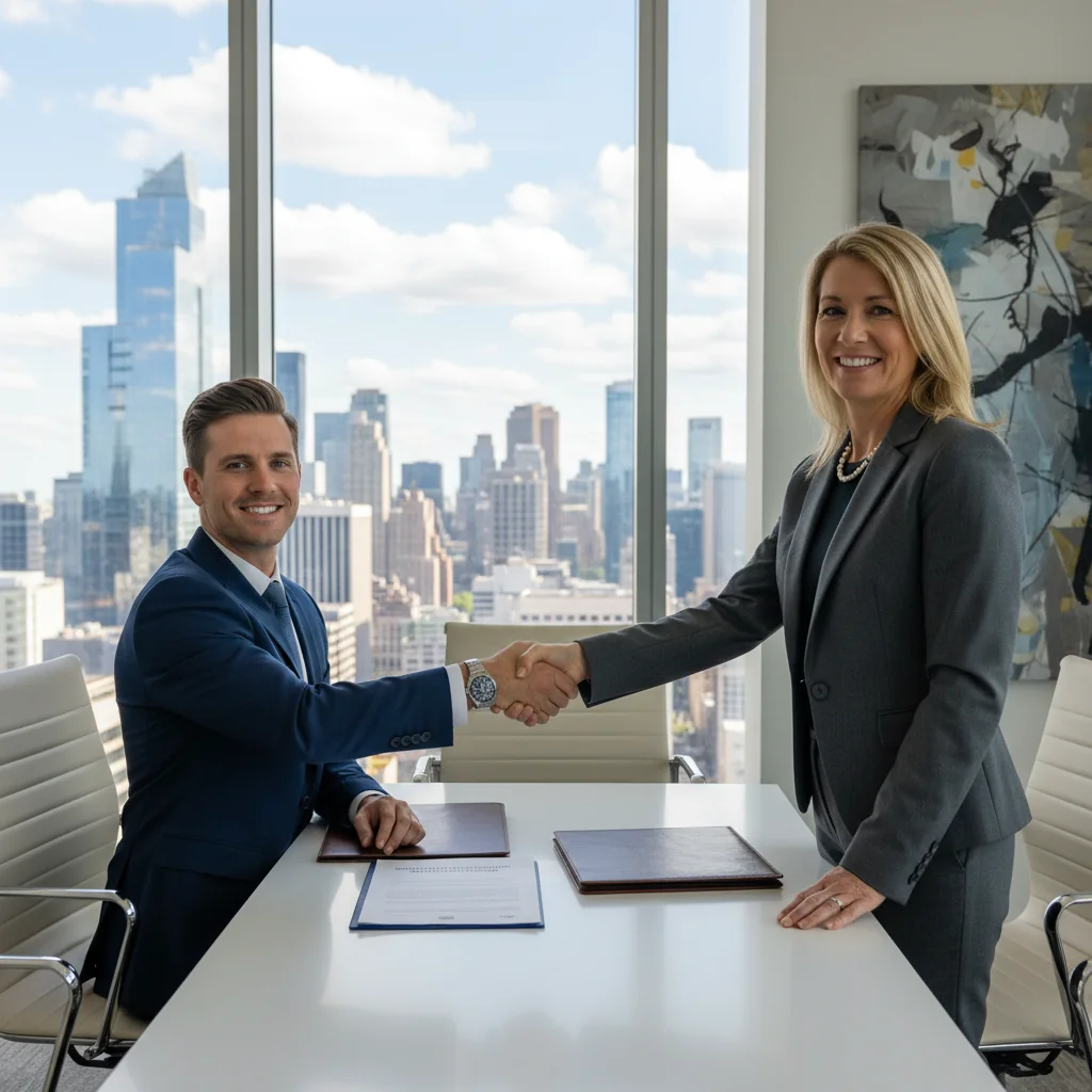 A photorealistic image of two adults shaking hands in a modern office environment, symbolizing mutual agreement and protection from liability, conveying trust and security in a professional setting, with no children present.