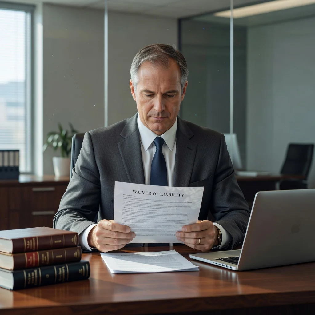 A photorealistic image of a middle-aged adult professional carefully reviewing a waiver of liability form at a desk in a modern office, symbolizing caution and avoidance of common pitfalls in such documents, with no children present.