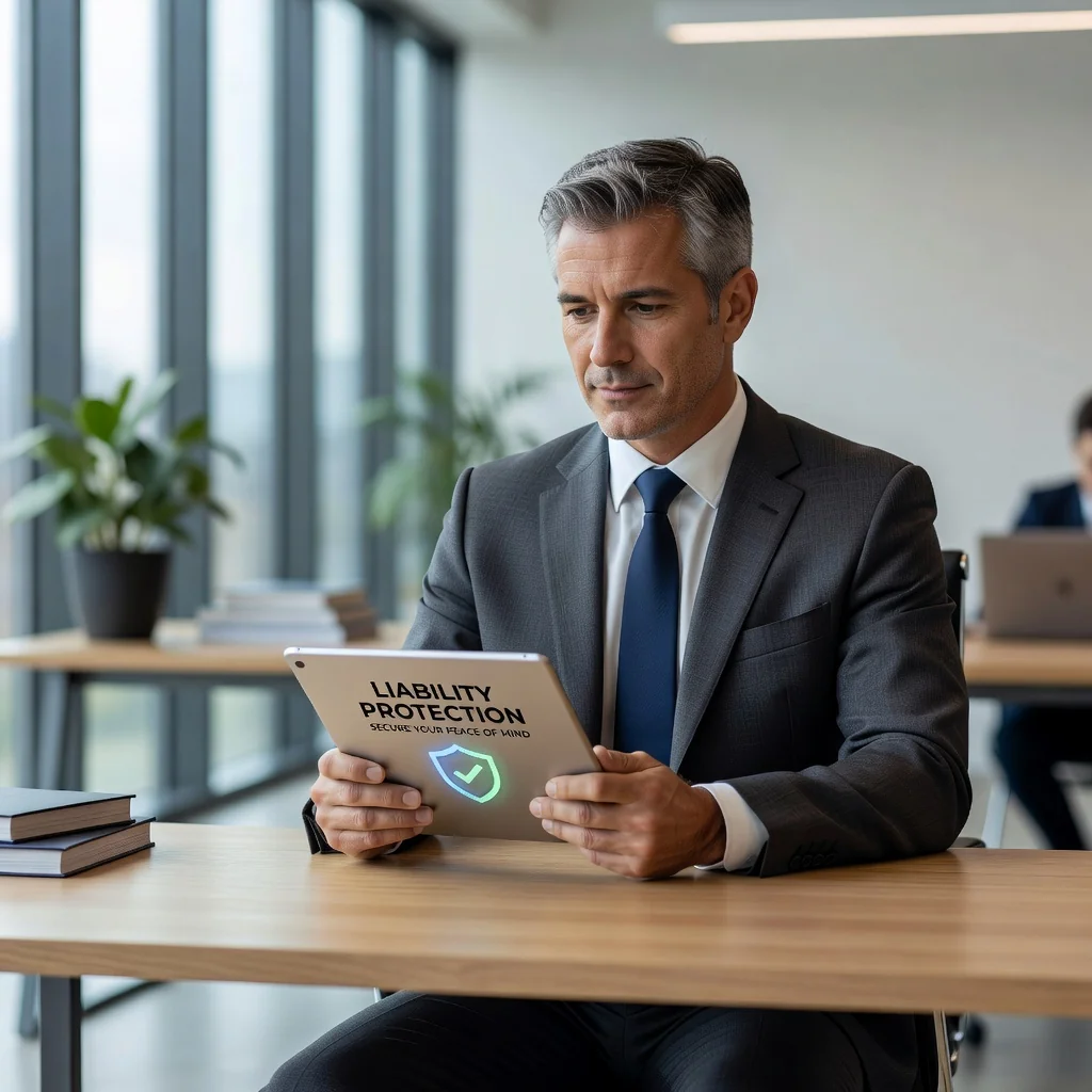 A professional adult individual in a modern office setting, confidently reviewing terms on a tablet, symbolizing protection from liability and informed decision-making, with a subtle background of a handshake or shield icon to represent waiver of responsibility.