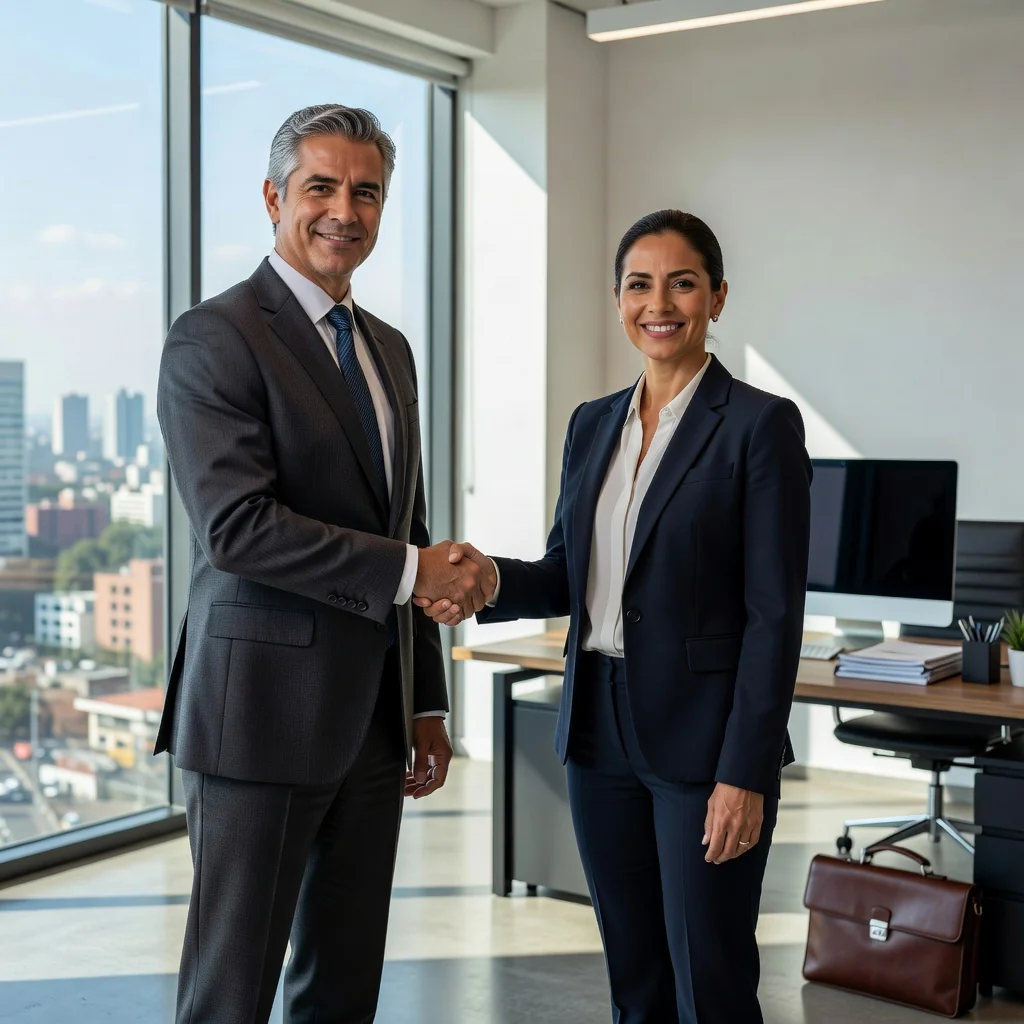 A photorealistic image representing the purpose of a finiquito letter in Mexico, which is the settlement of accounts at the end of employment. Depict a professional adult employee in a modern office setting, shaking hands with a colleague or HR representative, symbolizing a positive job transition or farewell, with elements like a packed briefcase or office desk in the background to evoke completion of work obligations. The scene should convey relief, professionalism, and closure without showing any legal documents. No children are present in the image.