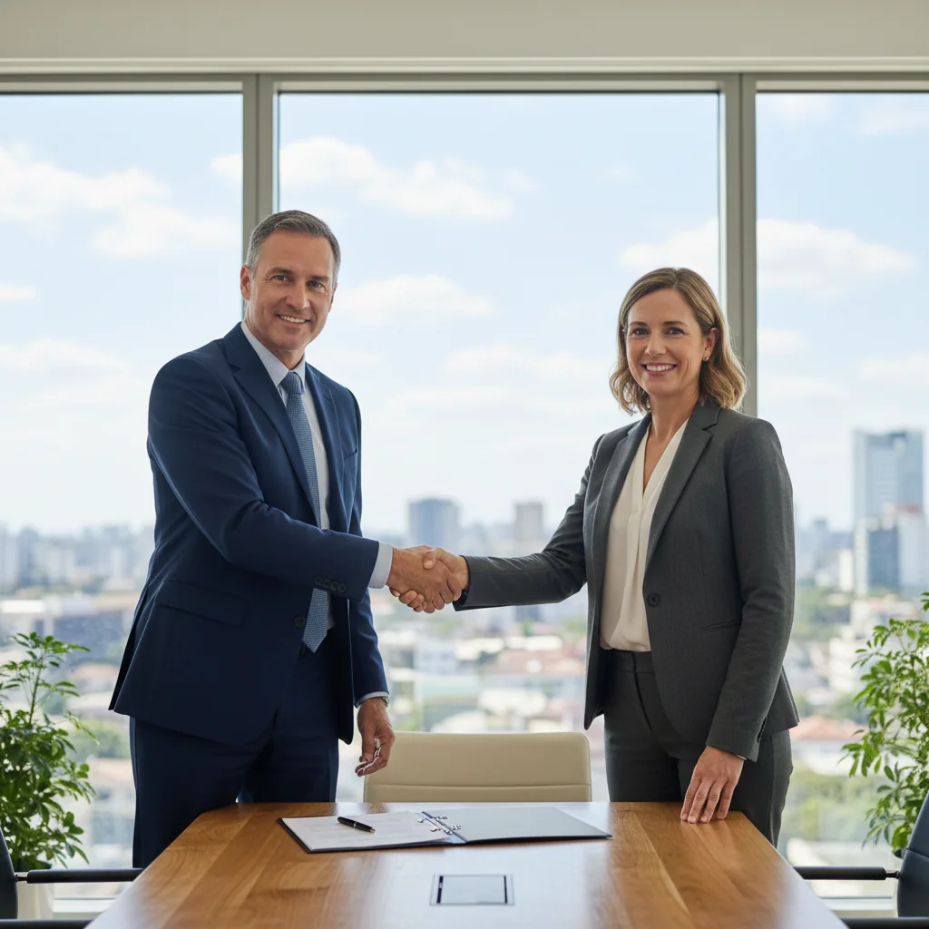 A photorealistic image of two adults shaking hands across a conference table in a modern office, symbolizing the mutual agreement and release of liability in a legal context, with a subtle background of a city skyline visible through large windows, conveying trust and resolution without any focus on documents.