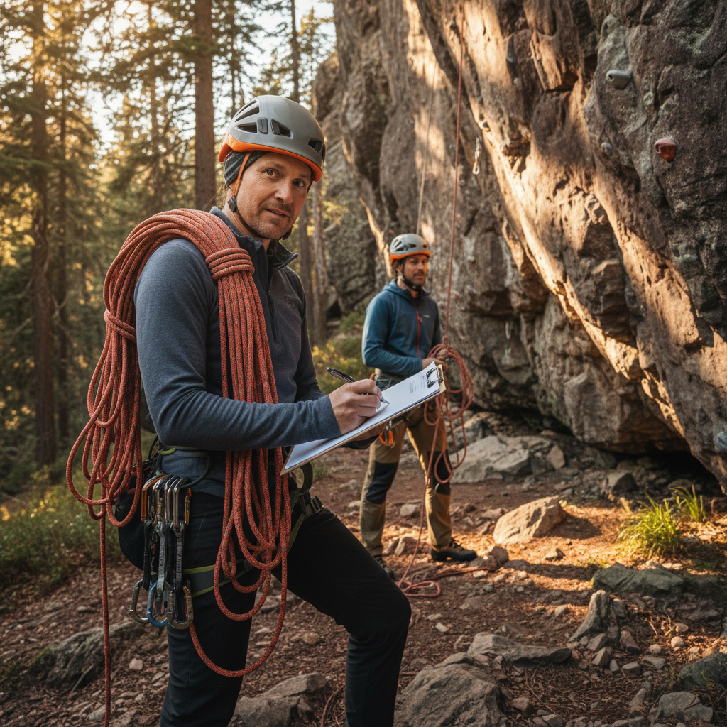 A photorealistic image symbolizing freedom from liability, showing an adult adventurer signing a waiver before a thrilling outdoor activity like rock climbing, with a sense of adventure and protection.