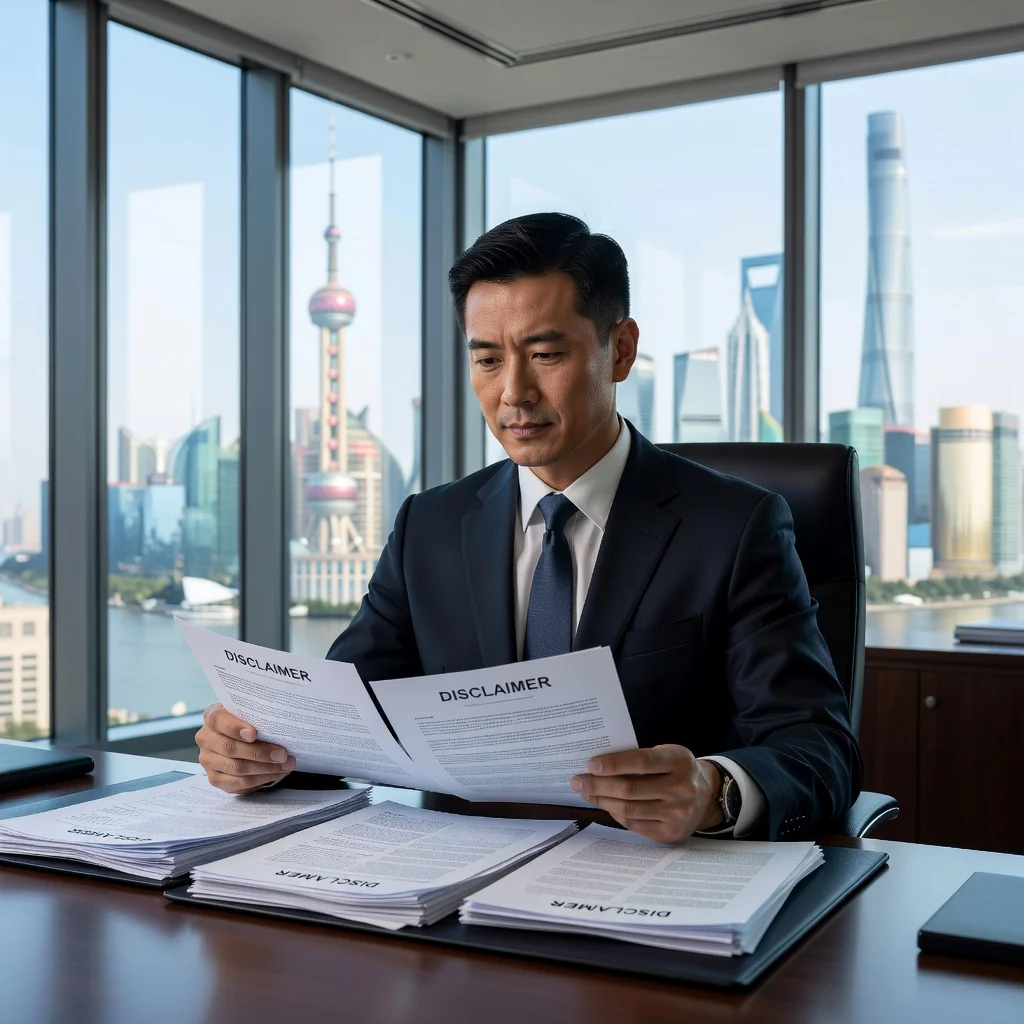 A professional scene representing legal protection and compliance in a Chinese business context, showing a confident adult business professional in a modern office reviewing important documents with a sense of security and assurance, symbolizing the importance of disclaimers in legal frameworks.