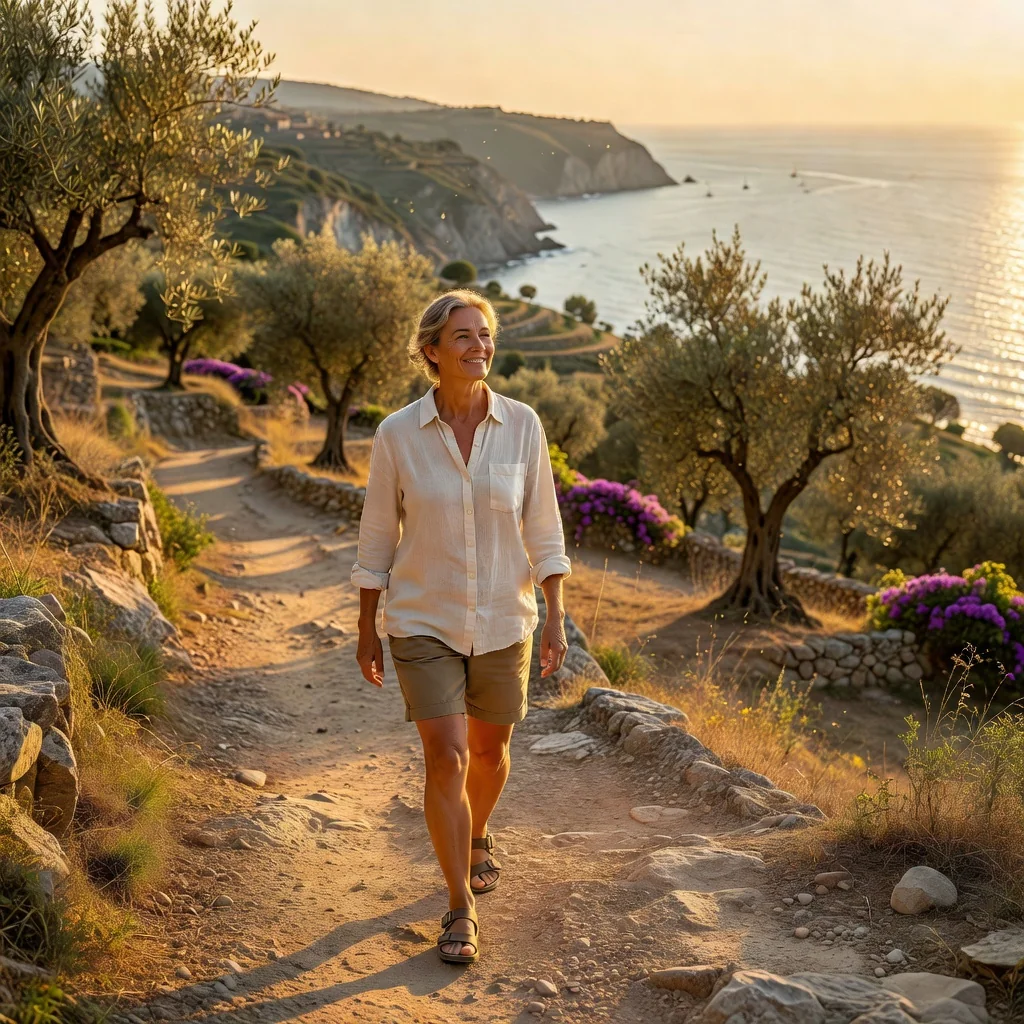 A photorealistic image representing freedom and release from responsibility in Italy, showing a serene adult Italian landscape with a person walking freely along a coastal path in Tuscany, symbolizing liberation, with no legal documents or children present.