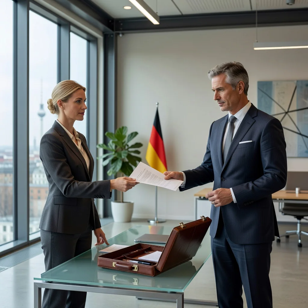 A professional scene in a modern German office representing the purpose of a Schadloshaltungsvertrag, which involves agreements for damage liability or indemnification, showing a business professional reviewing a contract with a colleague, symbolizing protection and legal assurance in business dealings, photorealistic style.