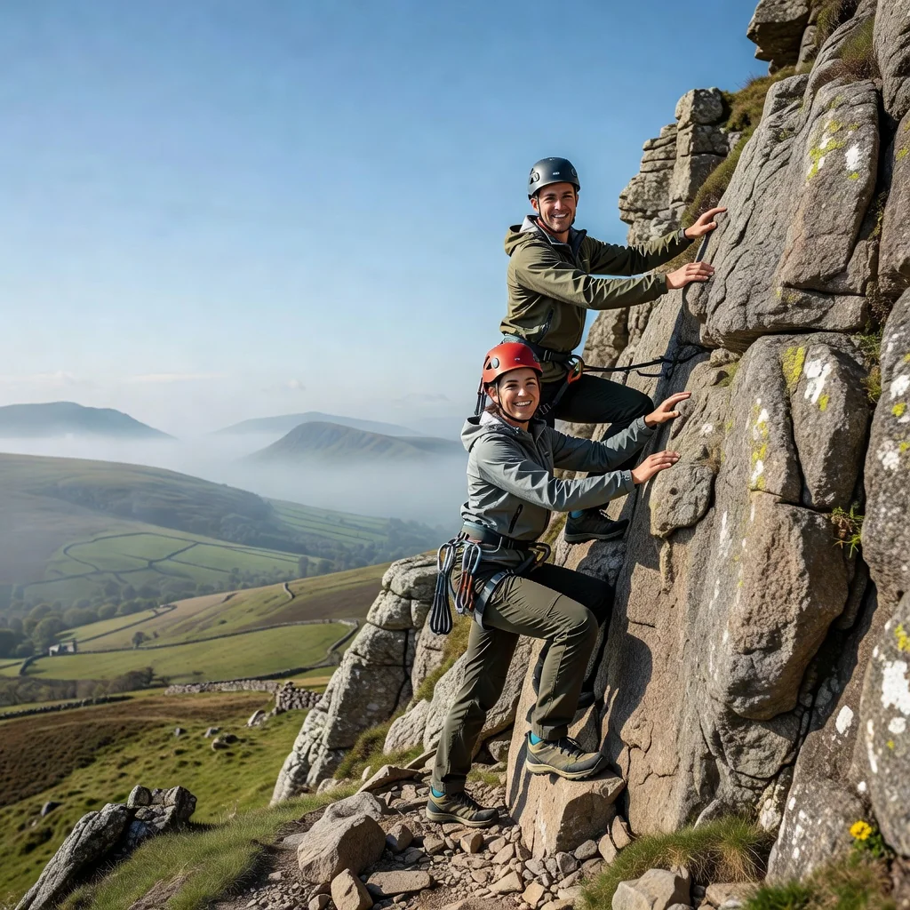 A photorealistic hero image representing the purpose of a Waiver of Liability legal document in the UK, showing adults engaging in an adventurous outdoor activity like rock climbing, symbolizing risk and protection, with no focus on the document itself, no children present.