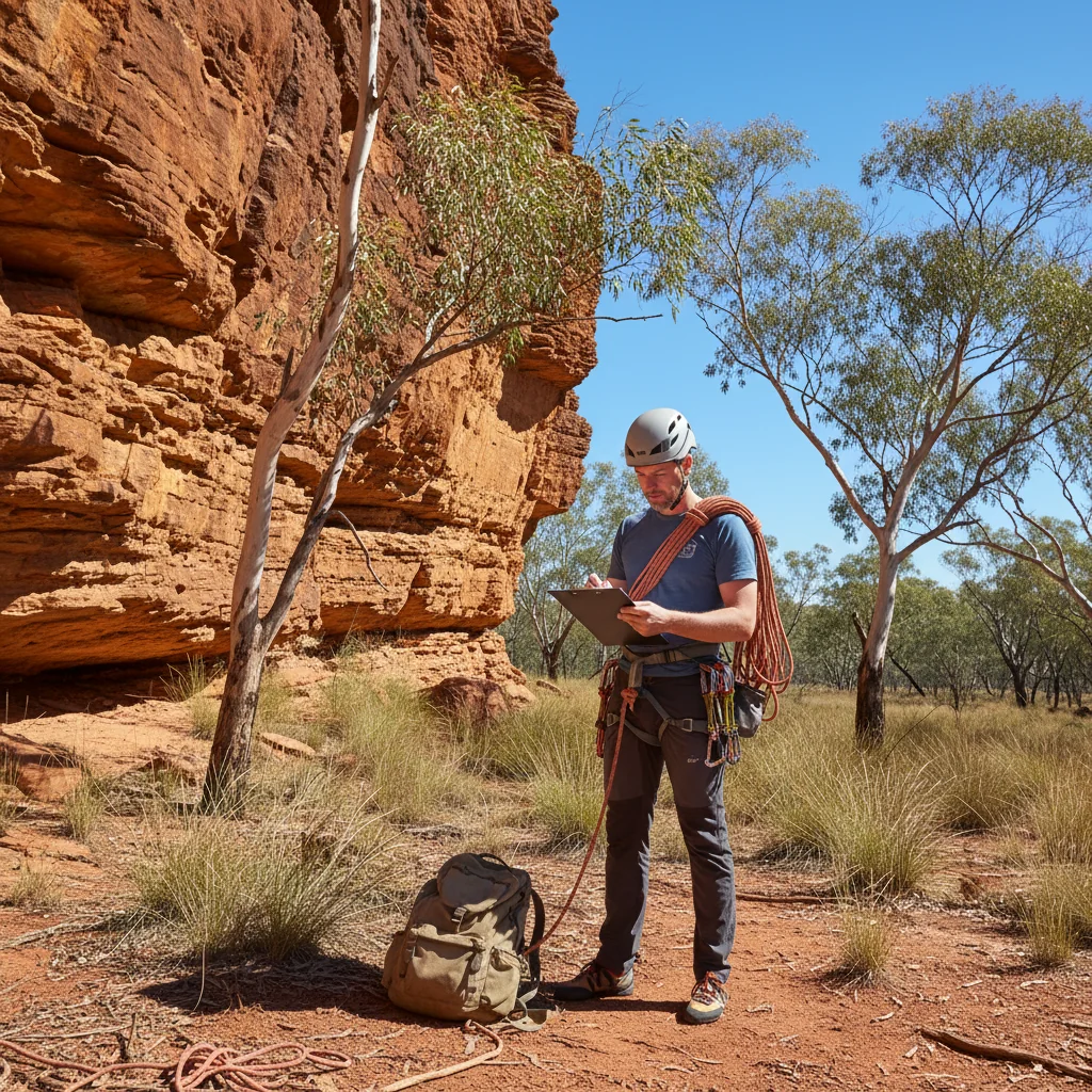 A photorealistic image representing the purpose of a Release of Liability document in Australia, showing an adult adventurer signing a waiver before a thrilling outdoor activity like rock climbing in the Australian bush, symbolizing informed consent and risk management in recreational pursuits.