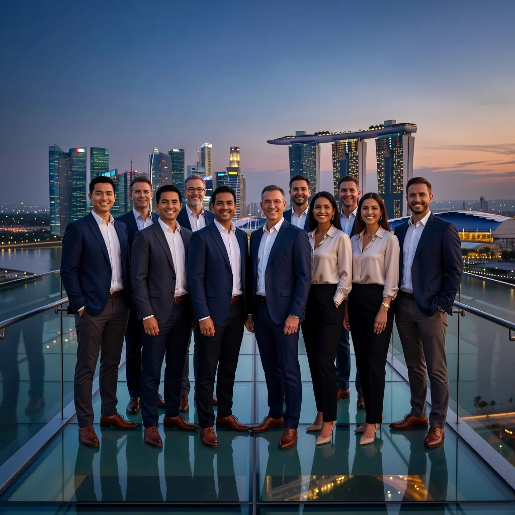 A photorealistic image representing the concept of releasing liability in Singapore, showing a diverse group of adults engaging in an outdoor adventure activity like rock climbing or hiking in a scenic Singaporean landscape, symbolizing protection from risks without focusing on any legal documents.