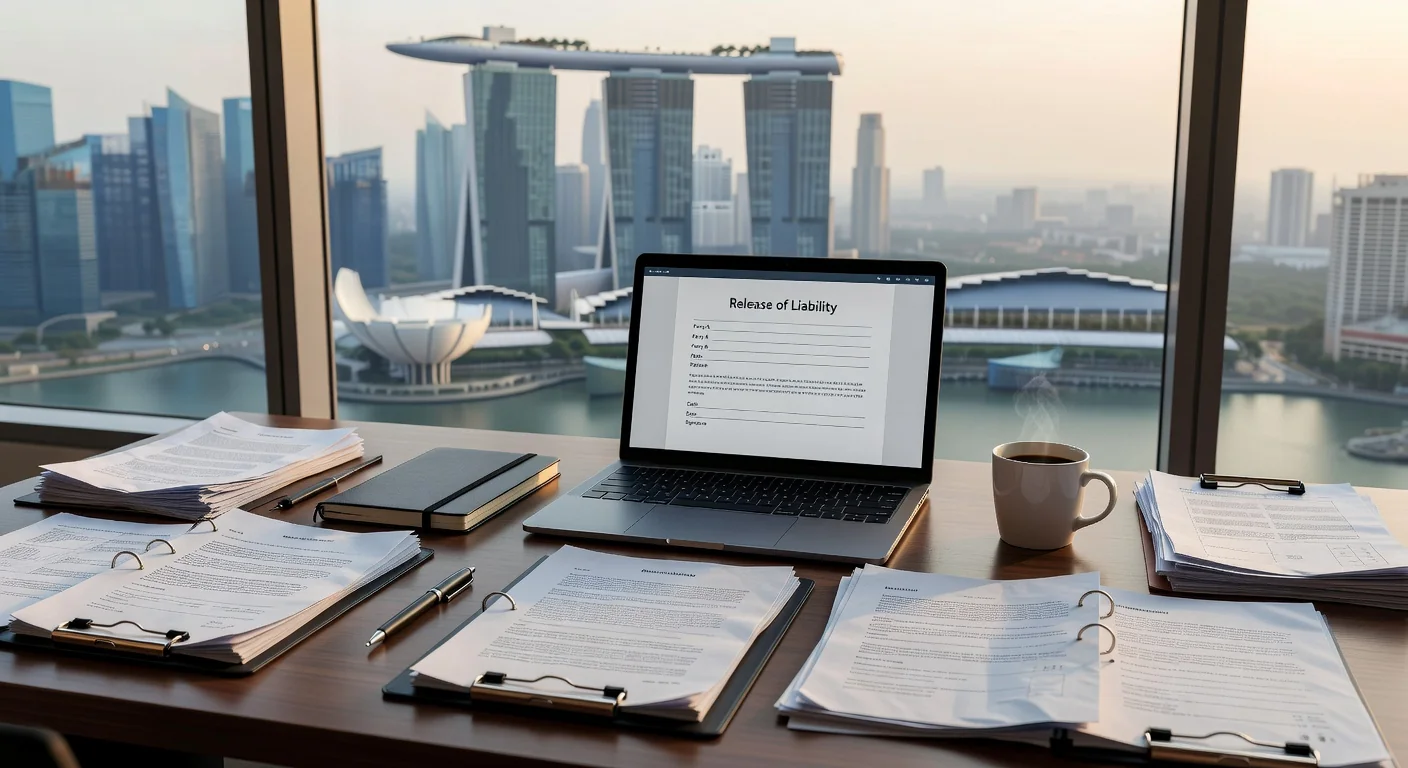Singapore skyline with legal documents