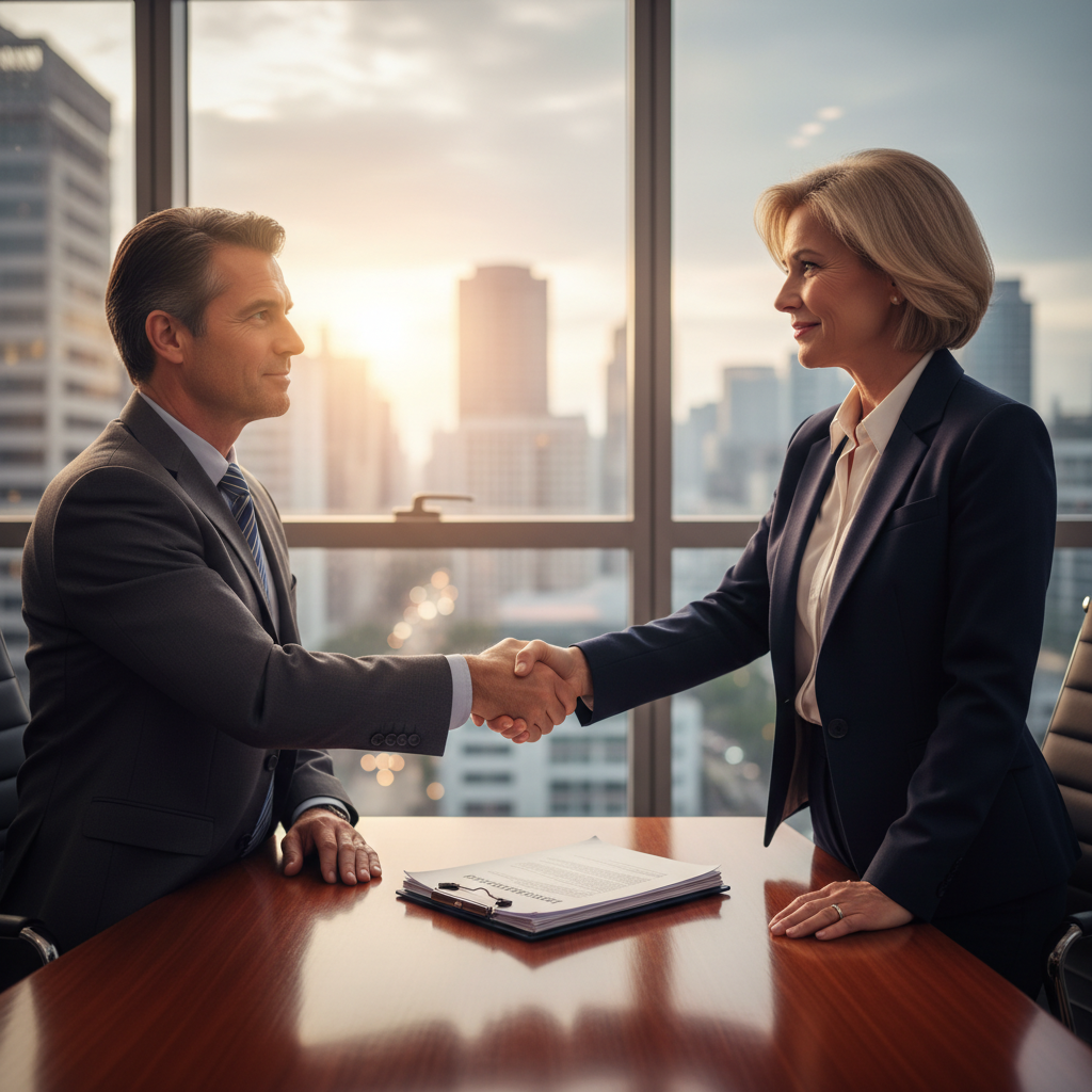 A photorealistic image of two adults shaking hands firmly across a conference table in a modern office, symbolizing agreement and mutual release of liability in a professional setting, with a city skyline visible through the window in the background, conveying trust and partnership without any legal documents visible.