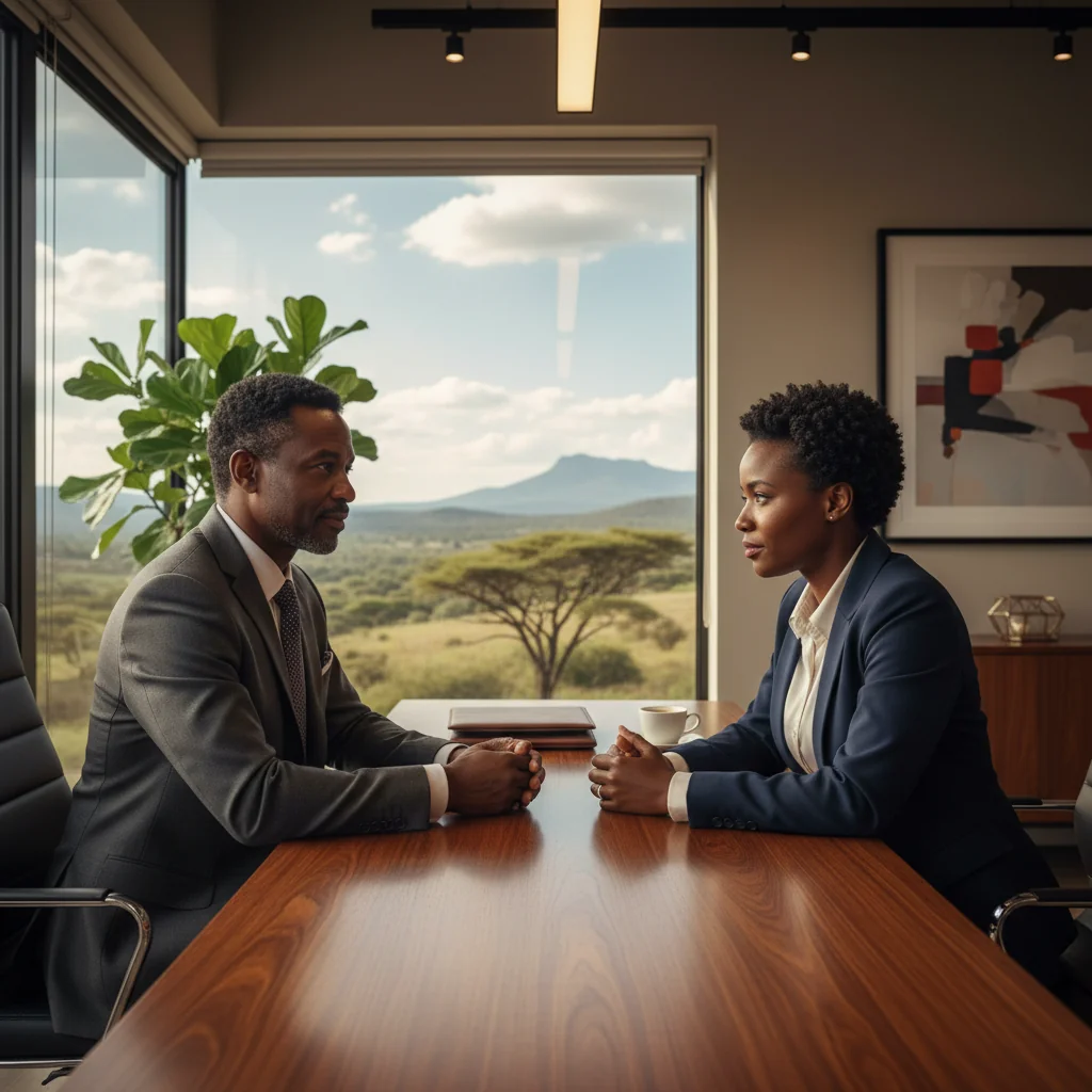 A professional scene in a South African business setting, showing an adult lawyer or business professional in a modern office reviewing indemnity agreements with a client, emphasizing protection and security in legal matters, photorealistic style with no children present.