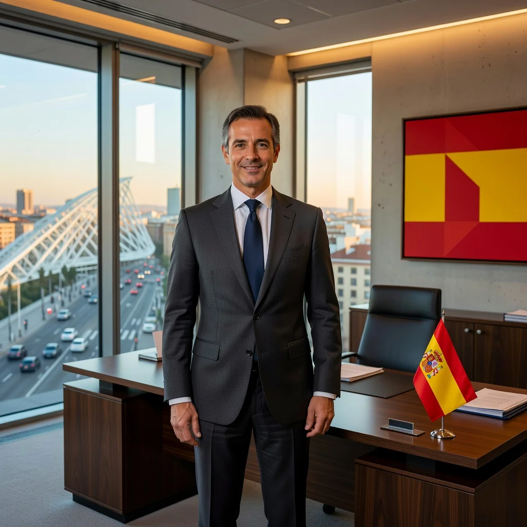 A photorealistic image symbolizing legal protection and exoneration from liability in Spain, featuring a confident adult professional in a modern Spanish office setting, looking relieved after resolving a legal matter, with subtle Spanish flag elements in the background, no documents visible, no children present.