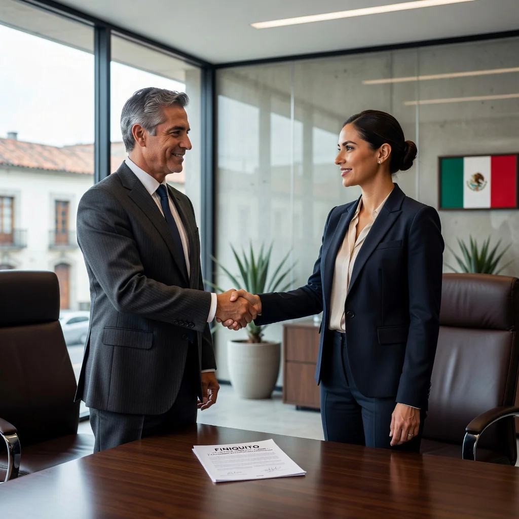 A photorealistic image depicting the conclusion of an employment relationship in Mexico, showing an adult professional shaking hands with a colleague in a modern office setting, symbolizing mutual agreement and release of responsibilities, with subtle Mexican cultural elements like a flag or cityscape in the background, conveying a sense of resolution and professionalism.
