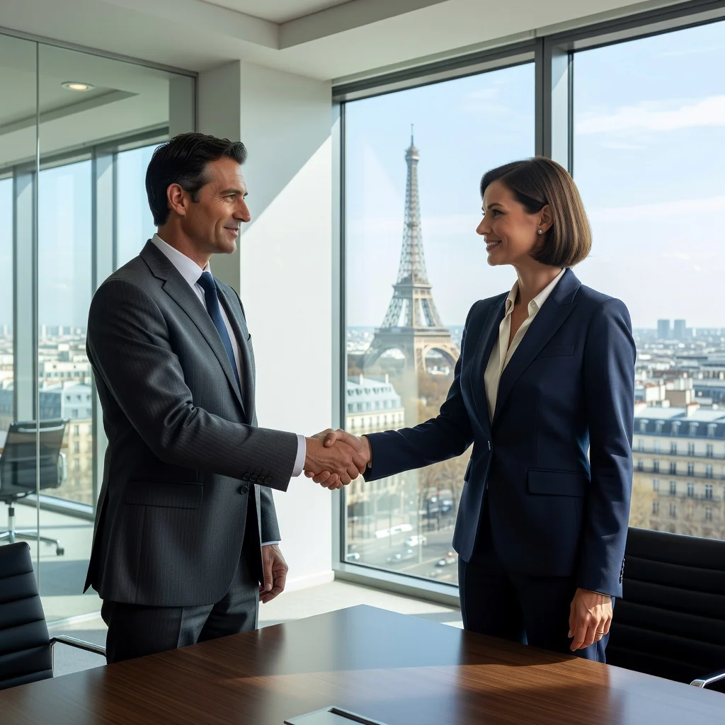 A professional business meeting in a modern French office, with adults shaking hands over a conference table, symbolizing business transactions and agreements, with subtle French elements like a window view of the Eiffel Tower in the background.