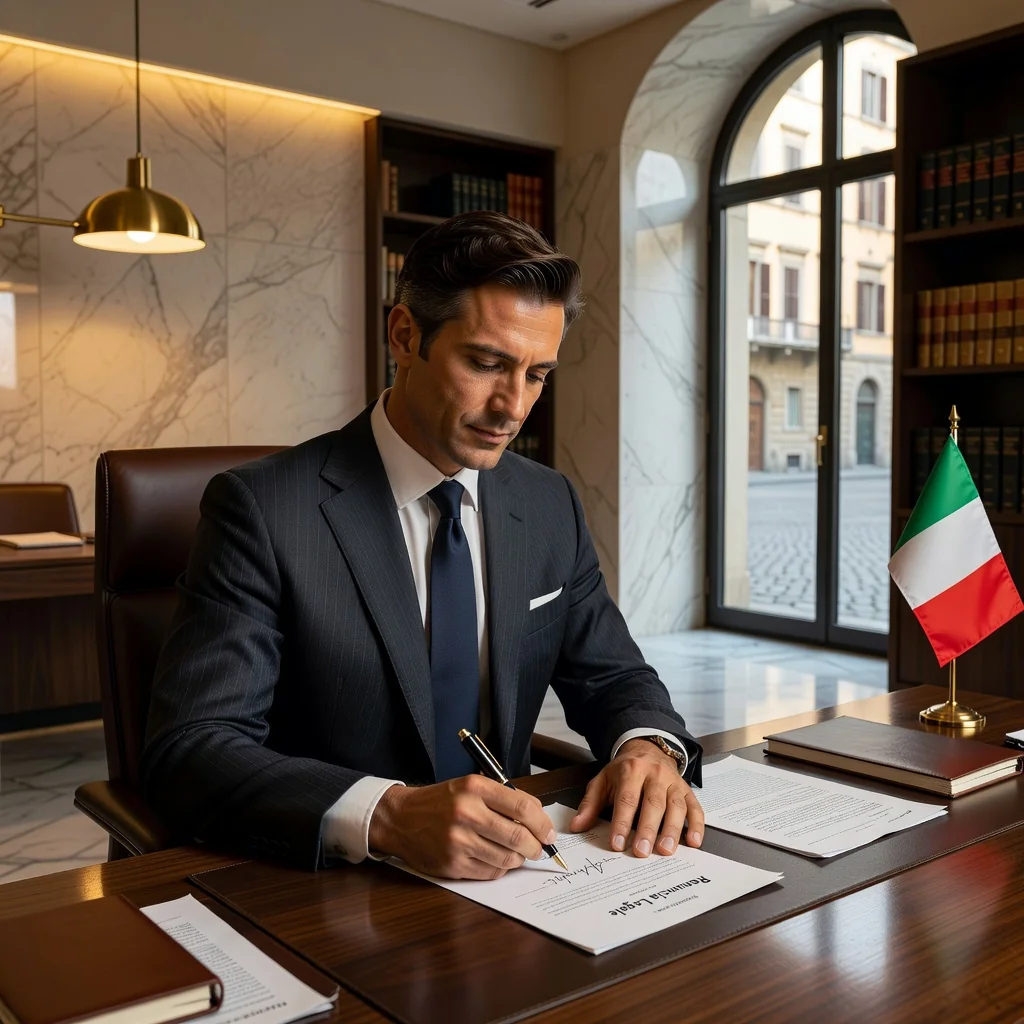 A photorealistic image representing the concept of voluntary waiver of liability in Italy, showing a mature adult signing a legal document at a lawyer's office desk, with Italian flag elements in the background, conveying trust and professionalism, no children present.