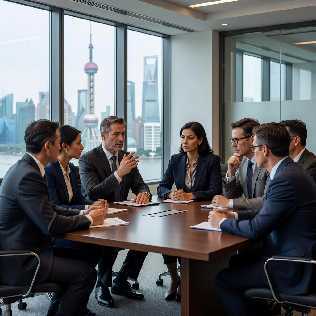 A photorealistic image representing the purpose of legal disclaimers in China, showing a diverse group of adults in a modern Chinese office setting, discussing business matters with caution and professionalism, perhaps with subtle elements like a gavel or scales of justice in the background, but no actual documents visible. The atmosphere conveys trust, compliance, and legal protection in a corporate environment.