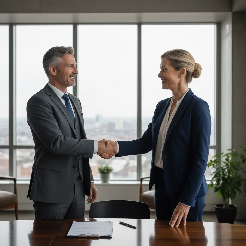 A photorealistic image of two professional adults, a man and a woman in business attire, shaking hands across a conference table in a modern office, symbolizing a mutual agreement or release of obligations. The atmosphere is positive and relieving, with natural light coming through windows, conveying trust and resolution without any documents visible.