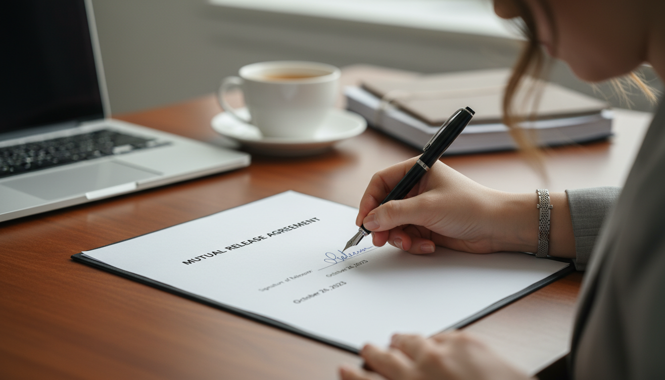 Person signing release agreement document.
