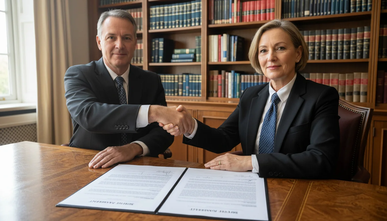 Two adults shaking hands over contract.