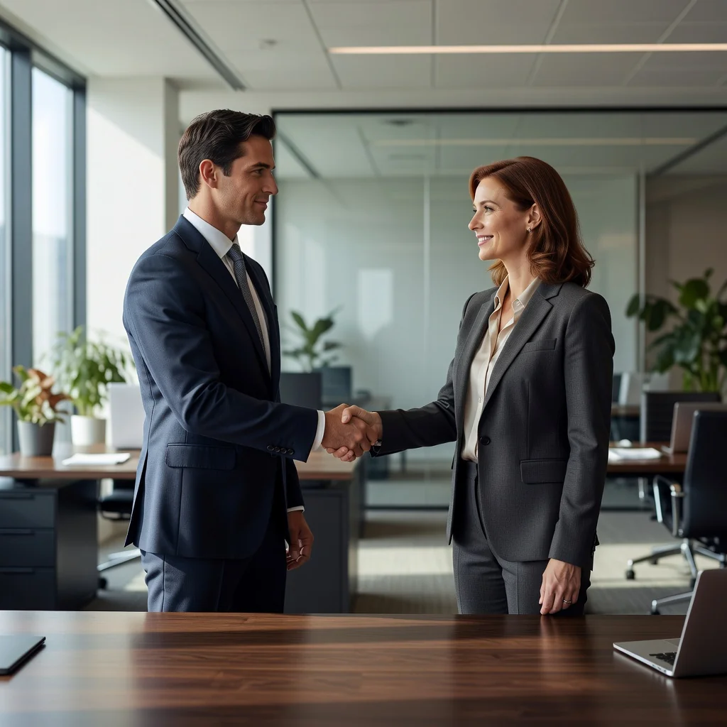 A photorealistic image depicting a professional adult in a modern office setting, shaking hands with a colleague across a desk, symbolizing a mutual agreement or termination of employment, with a subtle sense of relief and forward-looking positivity, no legal documents visible, no children present.