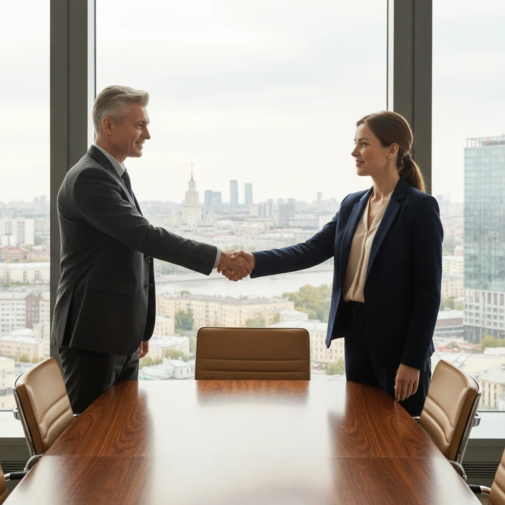 A photorealistic image of two professional adults in a modern office setting, shaking hands firmly across a conference table, symbolizing mutual agreement and release of obligations in a business context, with subtle Russian elements like a flag or city skyline in the background.