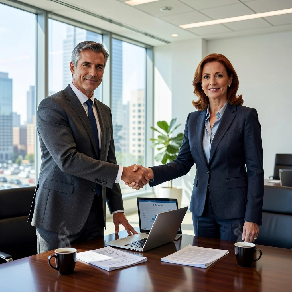 A photorealistic image of two professional adults shaking hands across a conference table in a modern office setting, symbolizing mutual agreement and release in a business context, with a city skyline visible through large windows in the background. No children or legal documents are shown.
