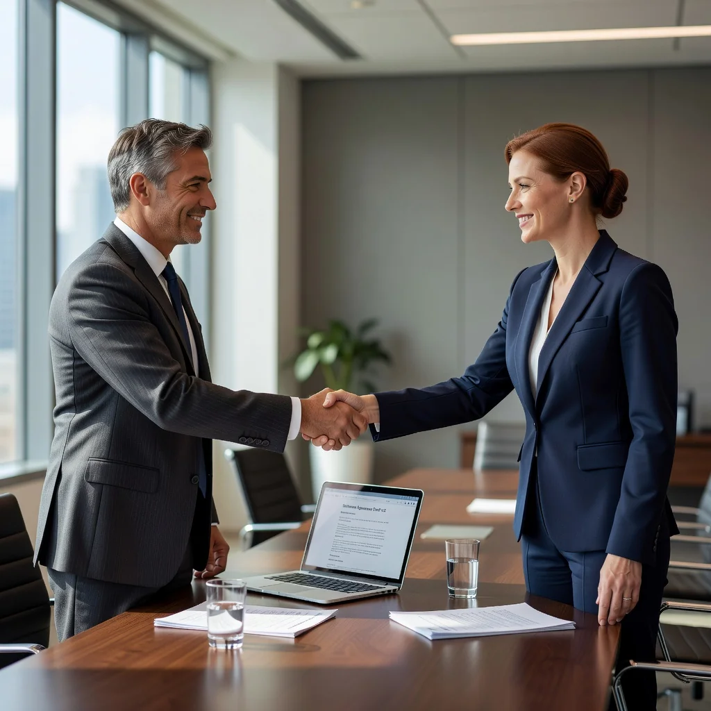 A photorealistic image depicting two professionals in a business meeting room, shaking hands across a conference table with expressions of agreement and relief, symbolizing mutual transaction resolution for disputes. The setting is modern office environment with natural light, no legal documents visible, no children present.
