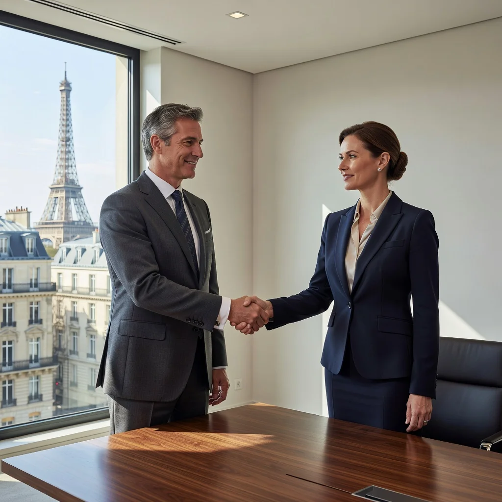 A photorealistic image representing mutual transactions in France, showing two adults shaking hands in agreement over a business deal, with subtle French elements like the Eiffel Tower in the background, conveying trust and partnership in a professional setting.