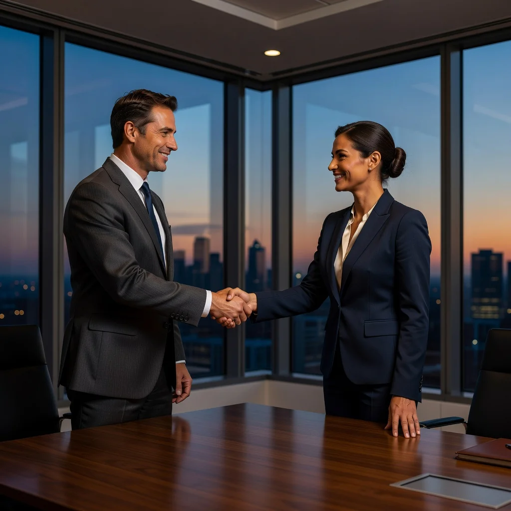 A photorealistic image of two professionals in a modern office setting shaking hands over a conference table, symbolizing the resolution and agreement of a dispute through reconciliation, with subtle background elements like a city skyline view, conveying harmony and closure without showing any legal documents.