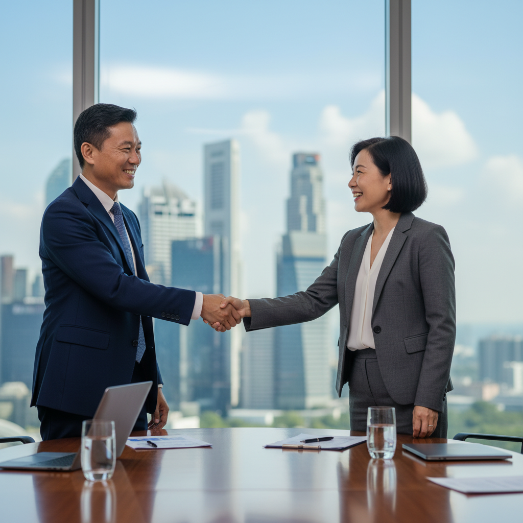 A photorealistic image depicting two professional adults shaking hands amicably across a meeting table in a modern Singapore office, symbolizing mutual agreement and release, with subtle Singapore skyline visible through the window, conveying harmony and resolution without any legal documents.