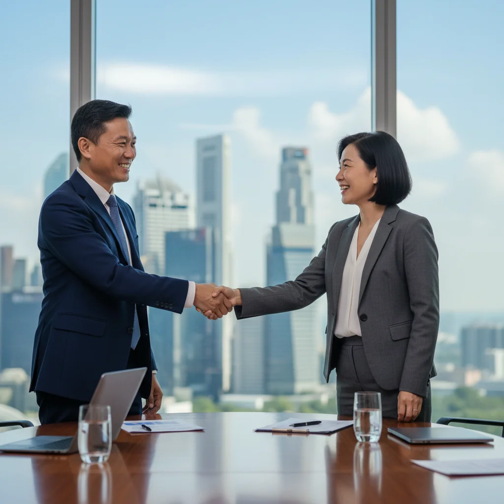 A photorealistic image depicting two professional adults shaking hands amicably across a meeting table in a modern Singapore office, symbolizing mutual agreement and release, with subtle Singapore skyline visible through the window, conveying harmony and resolution without any legal documents.