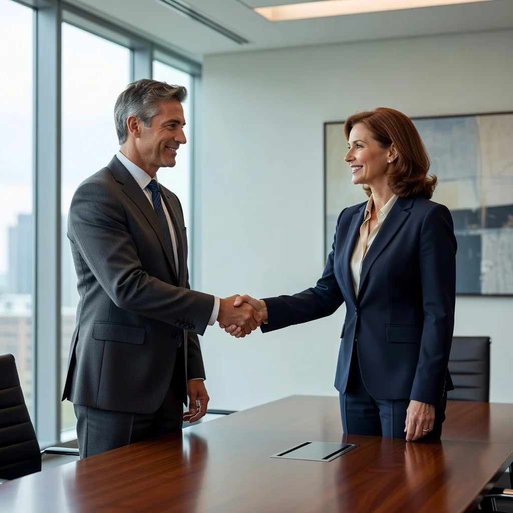 A photorealistic image symbolizing the advantages and considerations of reconciliation agreements in dispute resolution, featuring two professional adults shaking hands firmly across a conference table in a modern office, with expressions of mutual relief and agreement on their faces, warm lighting to convey positivity and resolution, no legal documents visible, no children present.