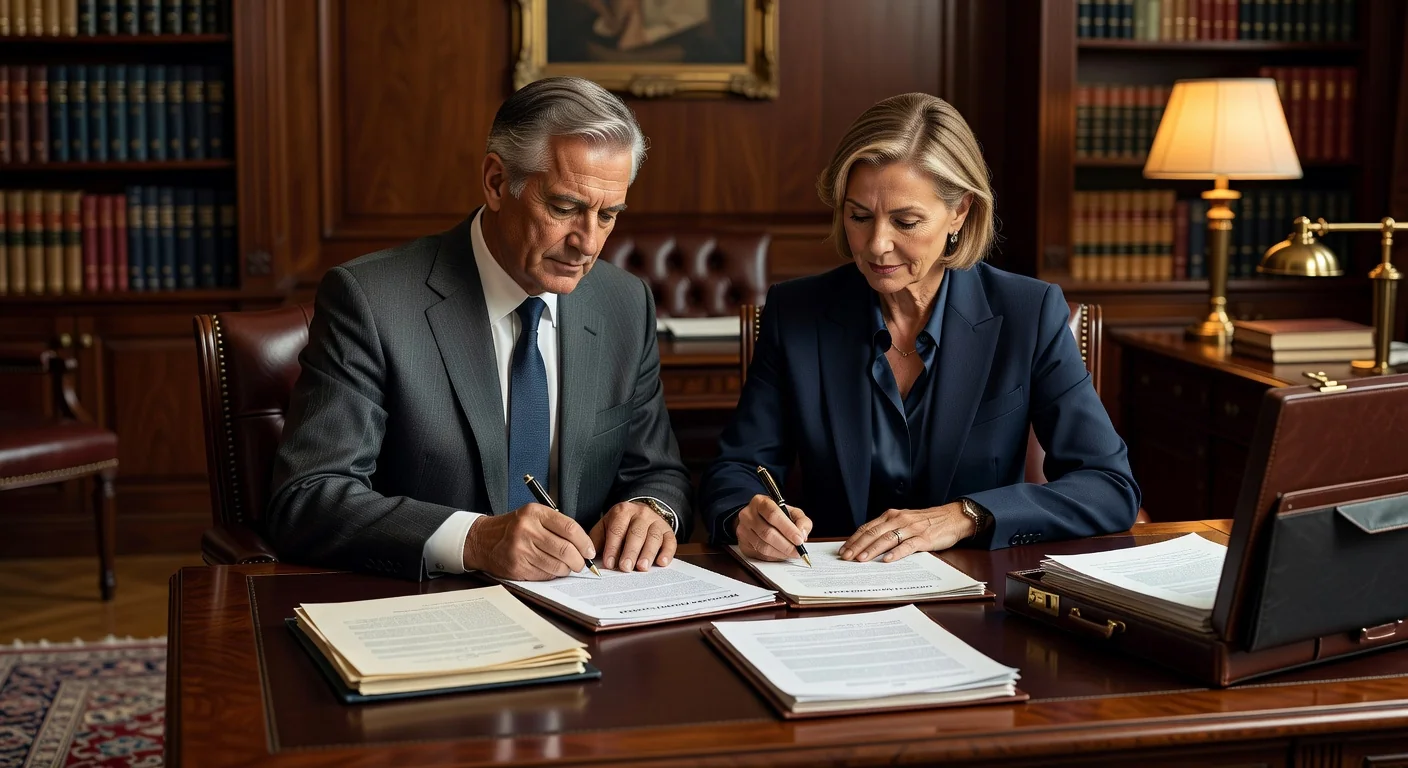 Adults signing reconciliation document together