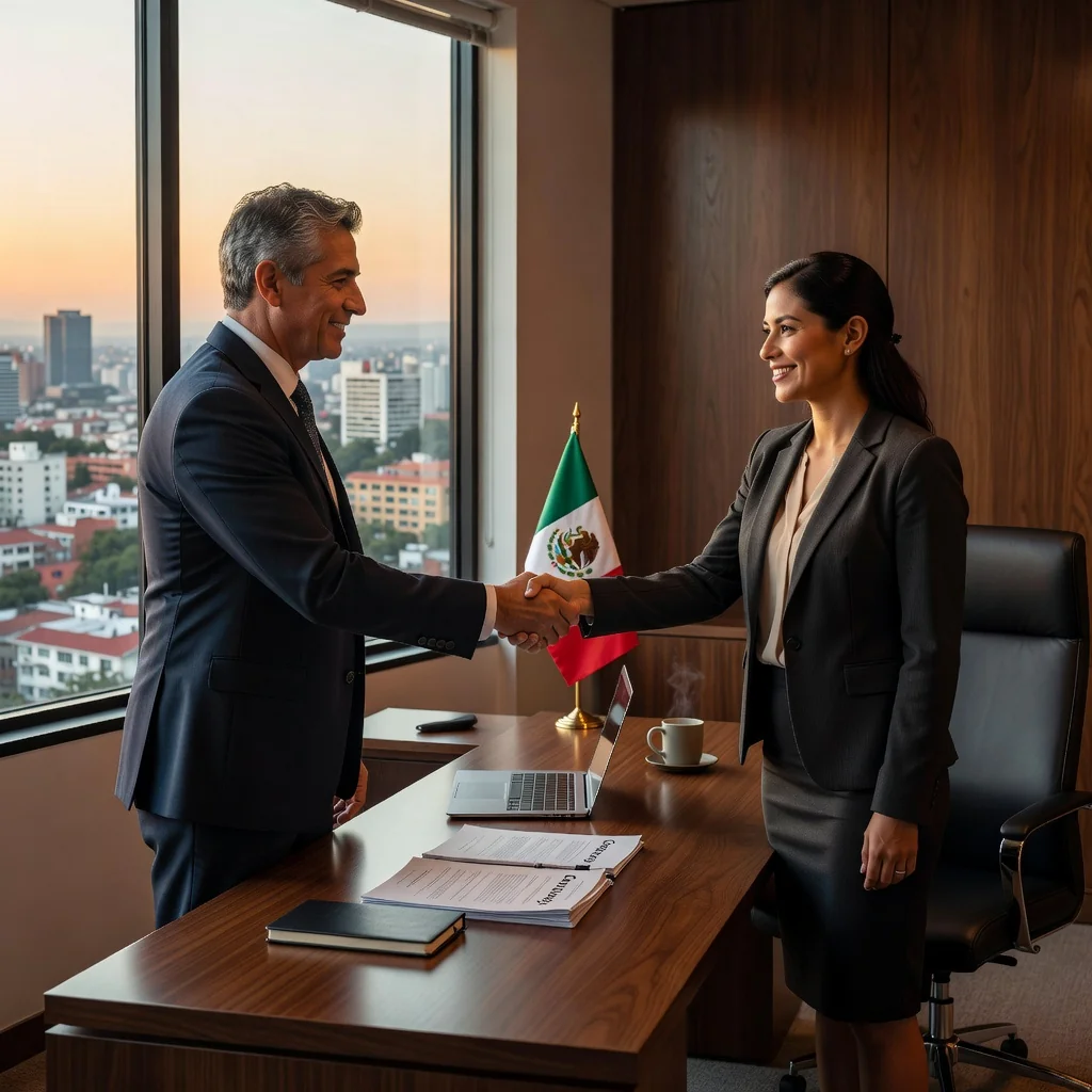 A photorealistic image of two adults shaking hands across a desk in a professional office setting in Mexico, symbolizing mutual agreement and resolution in an employment termination, with subtle Mexican cultural elements like a flag or local decor in the background, conveying trust and closure without showing any legal documents.