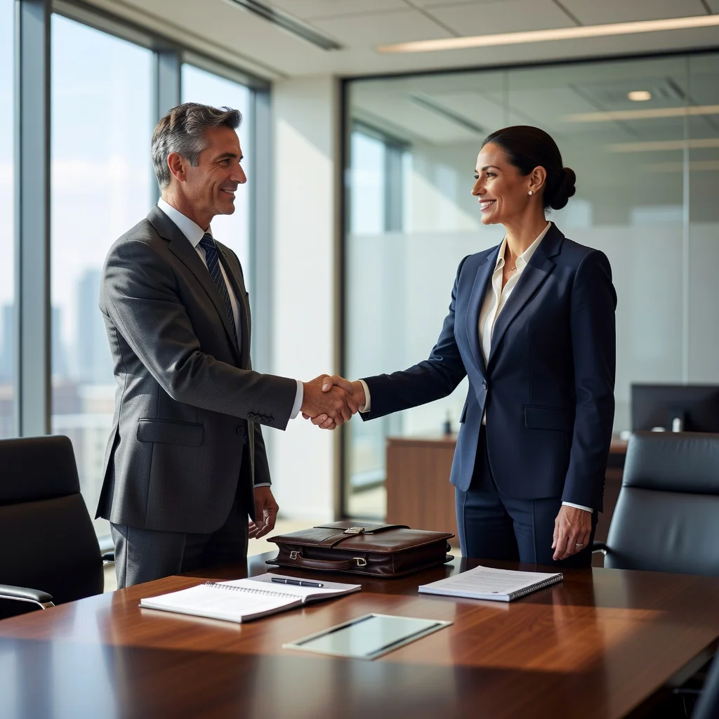 A photorealistic image of two professional adults in a modern office setting, shaking hands across a conference table to symbolize a successful settlement agreement, with subtle elements like a briefcase and notepads in the background, conveying resolution and agreement without showing any legal documents directly.
