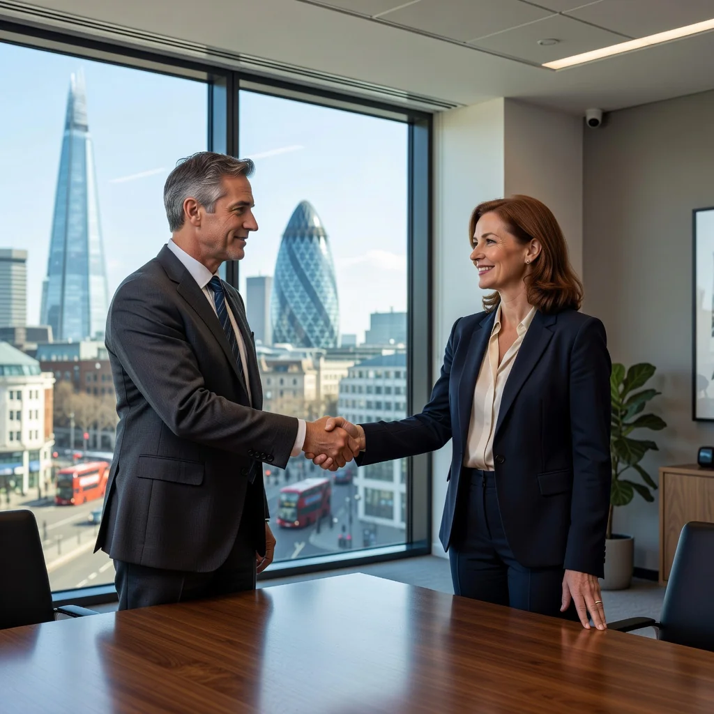 A photorealistic image of two adults in a professional setting shaking hands across a conference table, symbolizing mutual agreement and release from obligations, with a subtle UK flag in the background, conveying resolution and partnership in a business context.