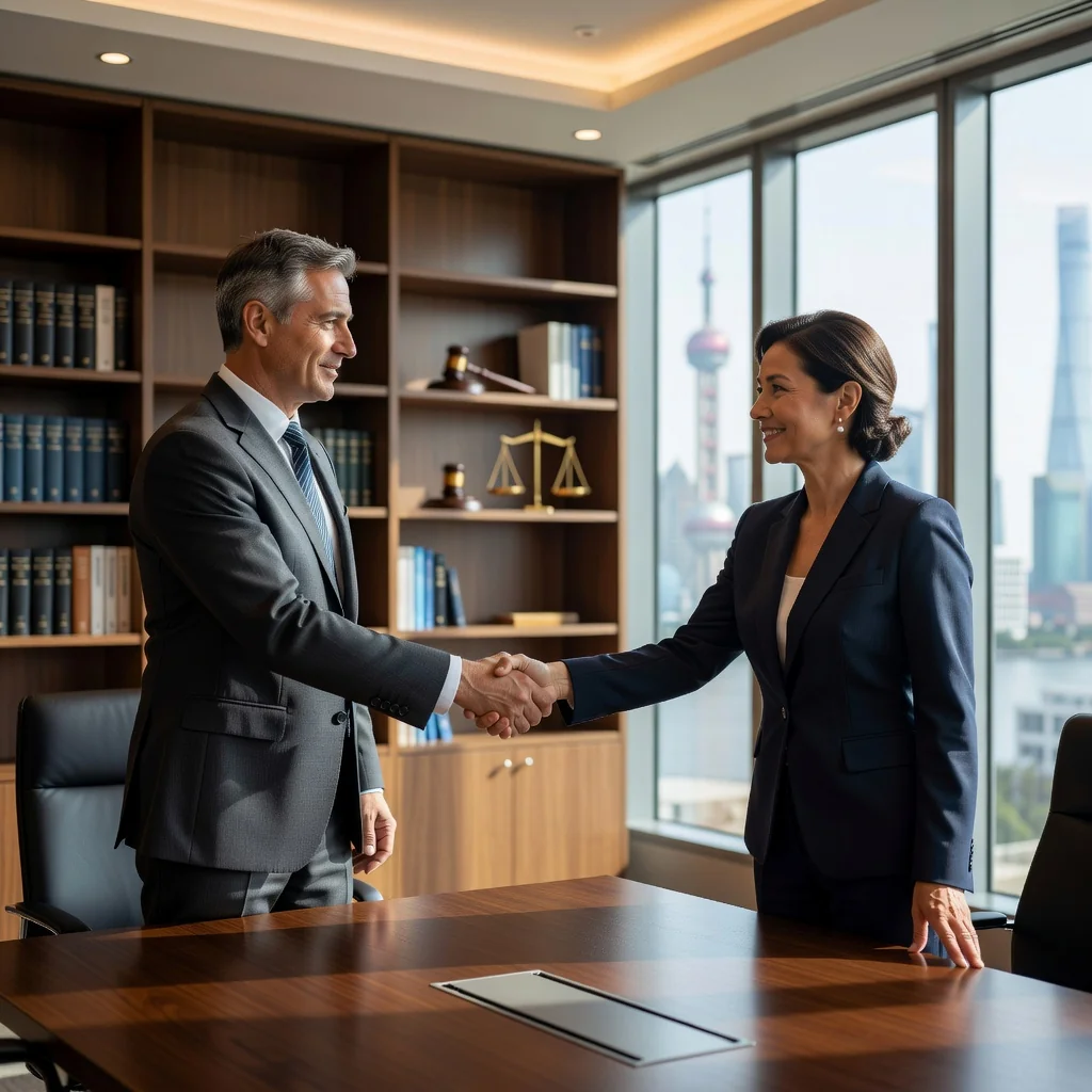 A photorealistic image depicting two adults shaking hands in a professional office setting, symbolizing reconciliation and agreement in a legal context, with a subtle Chinese flag or architectural element in the background to represent China. The atmosphere is positive and harmonious, focusing on resolution and mutual understanding.