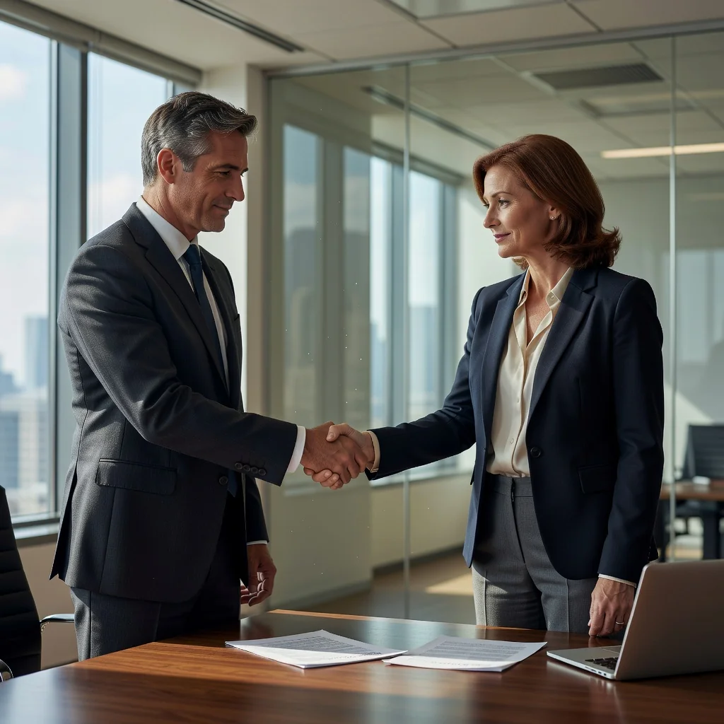 A photorealistic image depicting two adults shaking hands in a professional office setting, symbolizing mutual agreement and resolution of a dispute, with a neutral background to represent reconciliation without showing any legal documents.