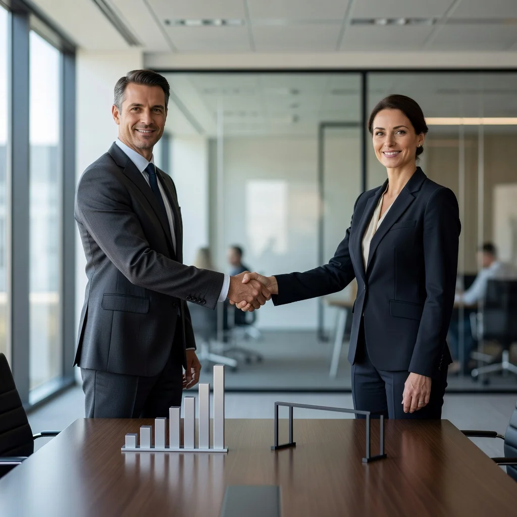 A photorealistic image representing the balance between advantages and disadvantages in a settlement agreement, depicted as two professionals in a modern office shaking hands over a conference table, with subtle symbolic elements like a scale tipping evenly on one side, conveying resolution and negotiation without showing any legal documents.