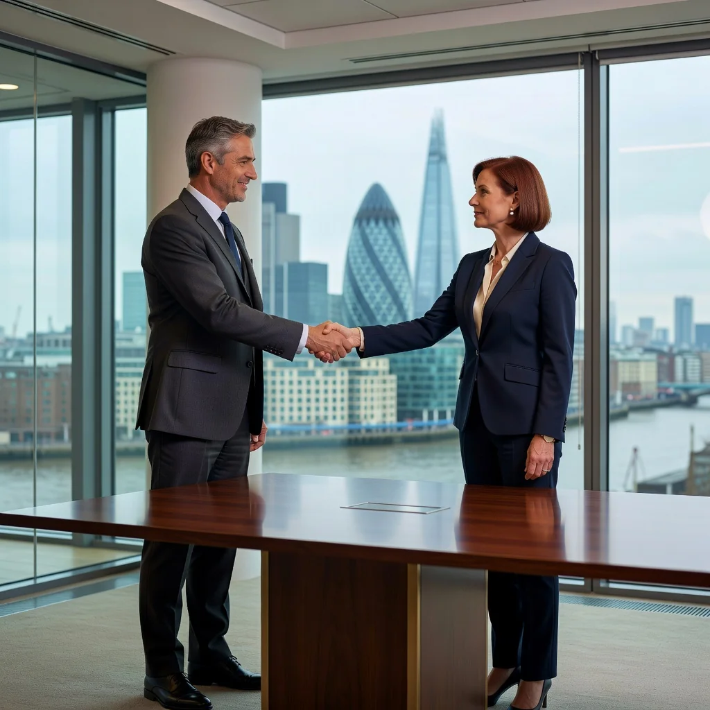 A photorealistic image depicting two professionals in a modern office setting, shaking hands firmly across a conference table, symbolizing a mutual agreement and resolution of disputes, with subtle background elements like a city skyline through windows, conveying trust and finality in a business context. No children are present in the image.