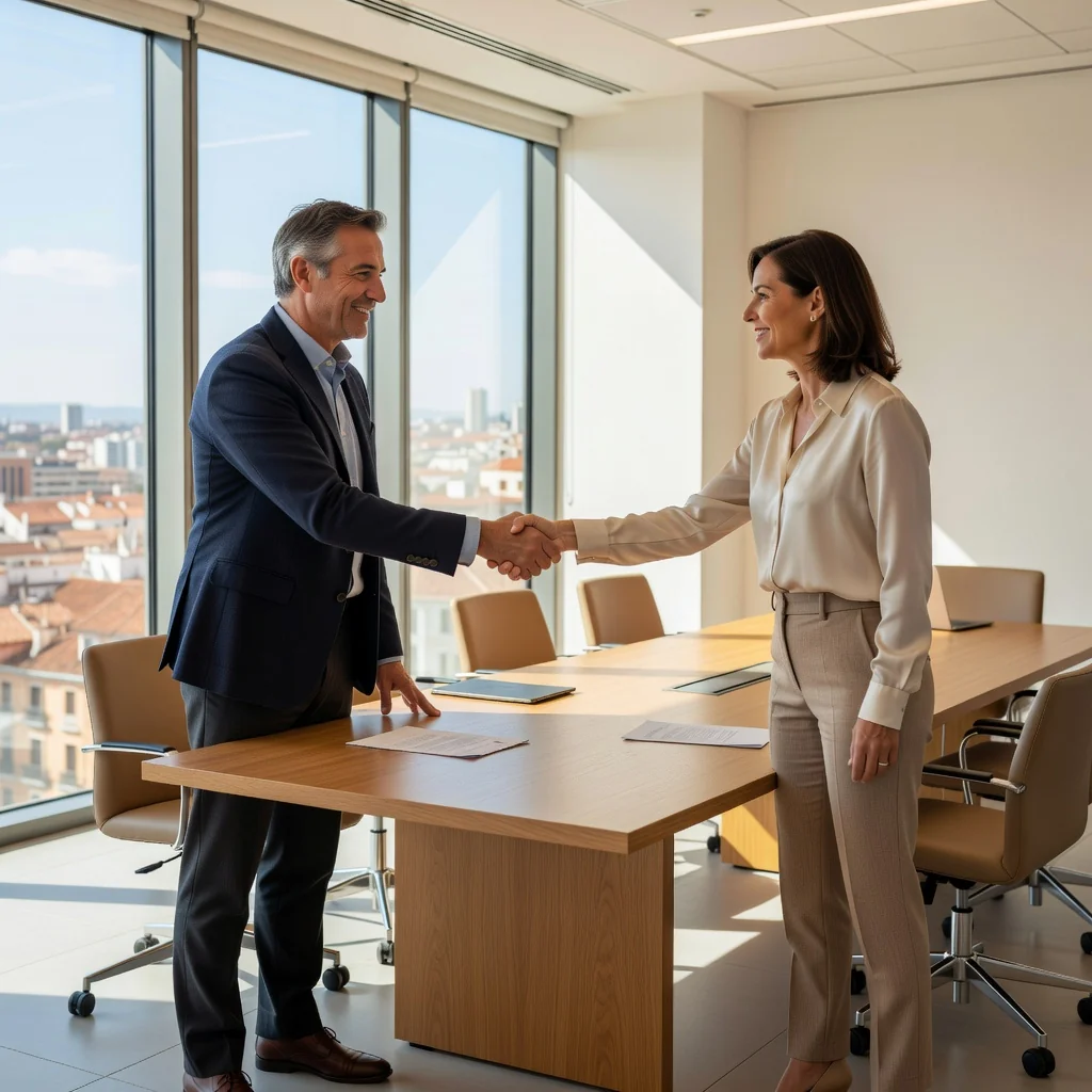 A photorealistic image of two adults shaking hands amicably across a table in a modern office setting, symbolizing mutual agreement and resolution of a dispute, with a neutral background to evoke peace and reconciliation.