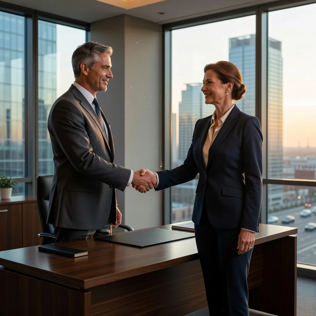 A professional adult shaking hands with another professional across a desk in a modern office setting, symbolizing a mutual agreement or termination of employment, conveying a sense of amicable resolution and security.
