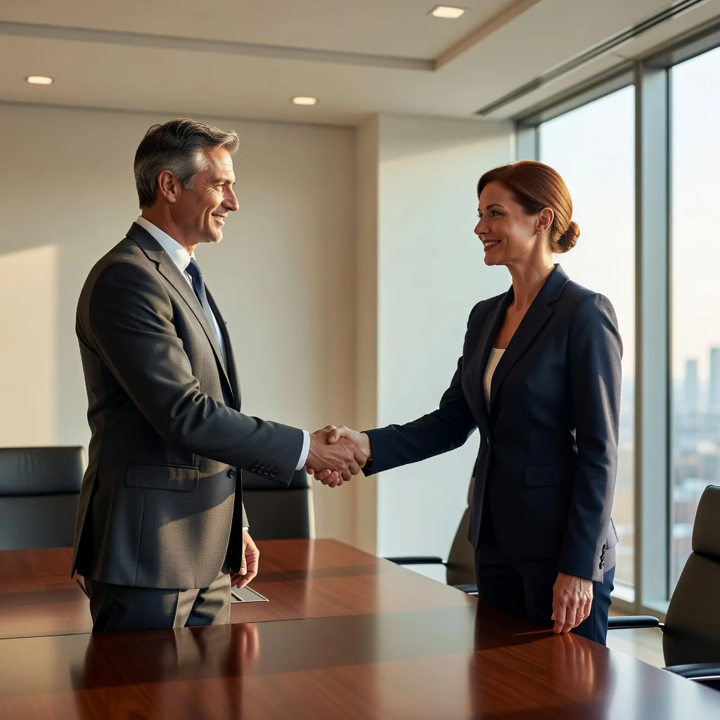 A photorealistic image depicting two professionals in a modern office shaking hands amicably across a conference table, symbolizing a mutual release and amicable resolution of disputes, with subtle background elements like a city skyline view, conveying relief and closure without showing any legal documents.