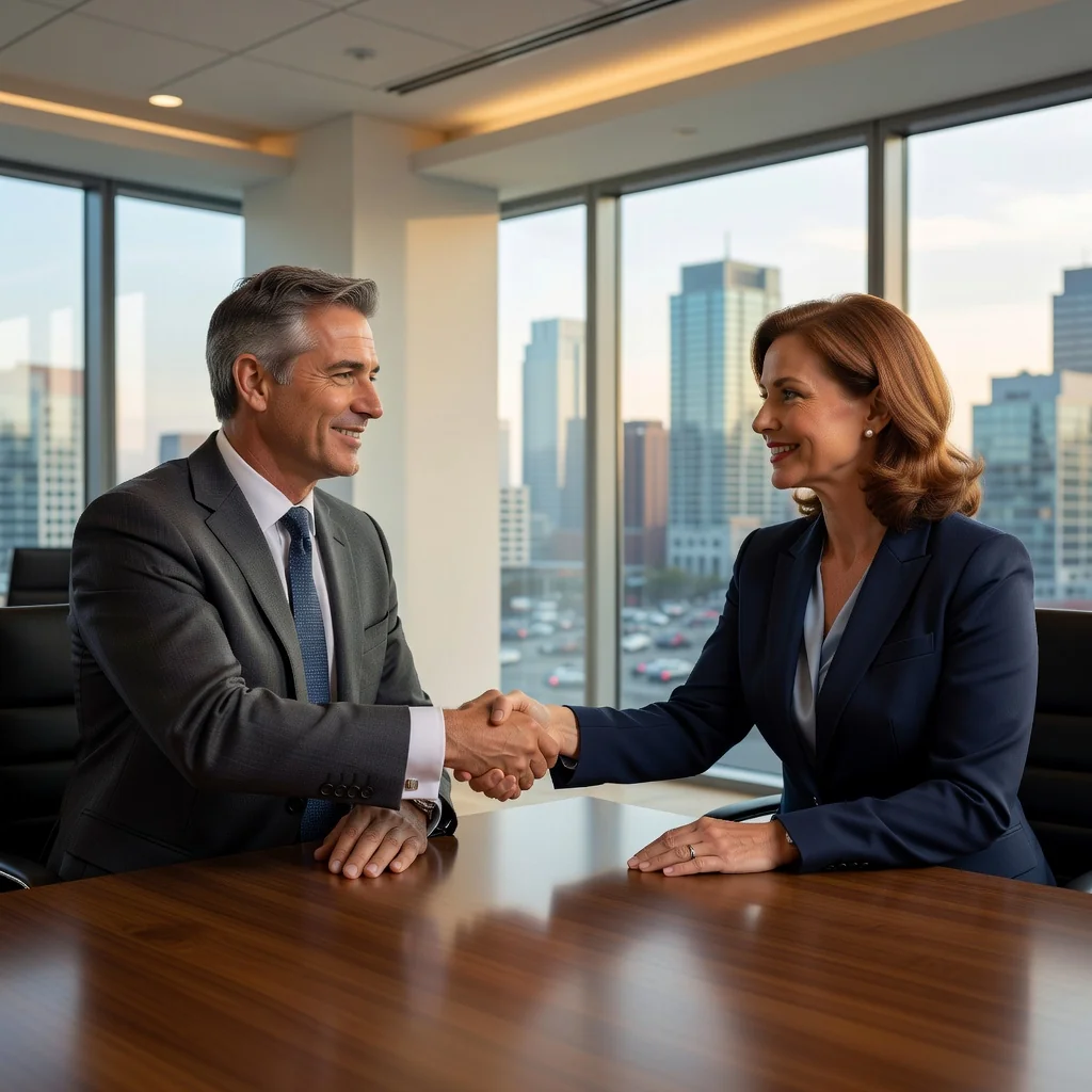 A photorealistic image of two adults shaking hands in a professional office setting, symbolizing mutual agreement and resolution of a dispute, with a sense of relief and harmony on their faces. The background includes subtle elements like a conference table and city skyline view, representing legal reconciliation without showing any documents.