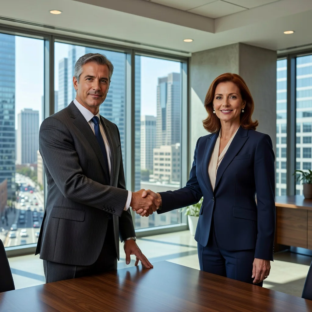 A photorealistic image depicting two adults in a professional setting, shaking hands across a conference table to symbolize a mutual agreement or transaction, with a modern office background, conveying trust and collaboration without showing any legal documents or children.