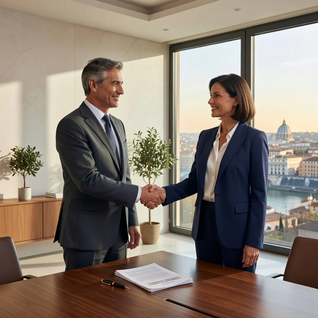 A photorealistic image symbolizing the resolution of a dispute through a transaction agreement in Italy, showing two adult professionals in a modern office shaking hands firmly across a conference table, with subtle Italian flags or architectural elements in the background to evoke an Italian business setting, conveying trust, agreement, and legal harmony without displaying any documents.